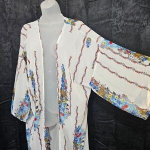 Sheer White Floral Kimono Duster Cardigan One Size Lightweight boho cottage